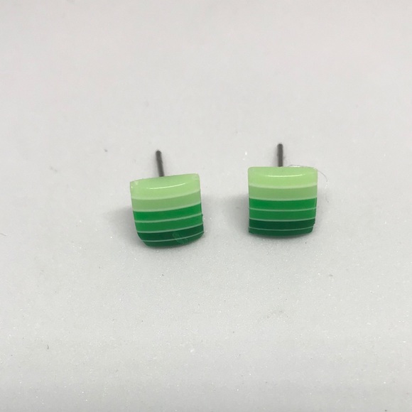 Green Striped Minimalist Repurposed Stud Earrings - Picture 3 of 16